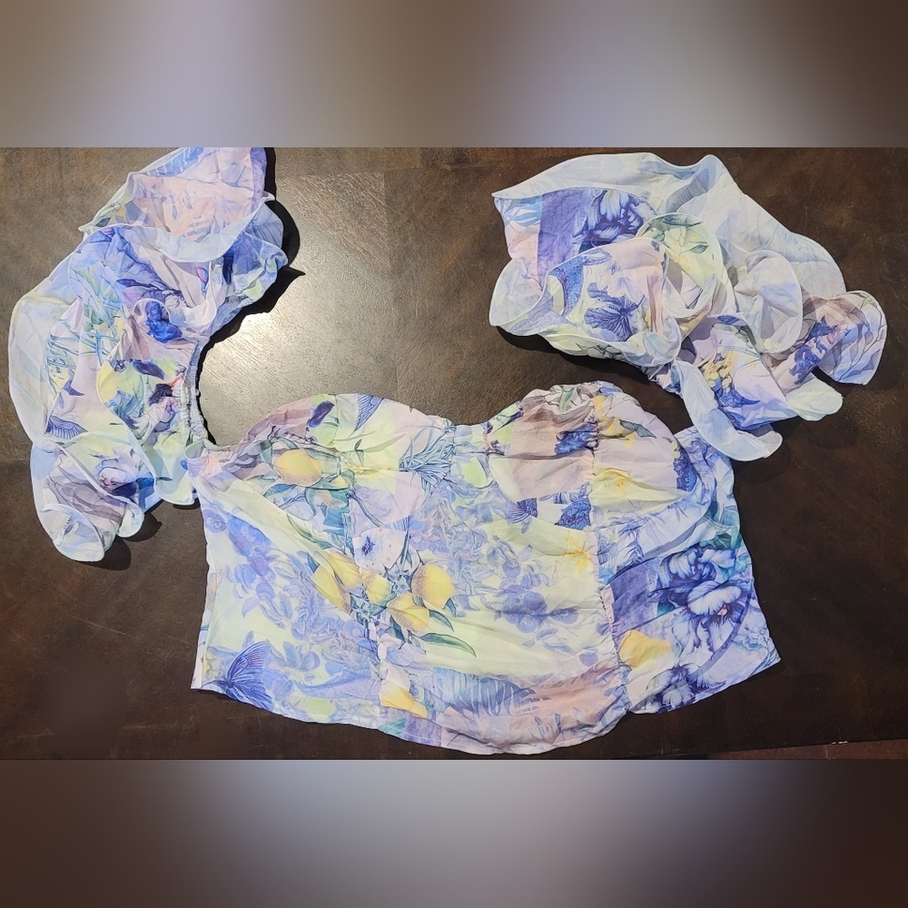 PrettyLittleThing Blue and Yellow Bustier Ruffled Blouse